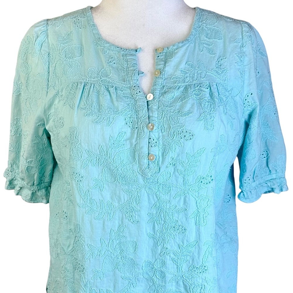 LOFT Light Aqua Blue Eyelet Embroidered Blouse Size M - Picture 4 of 11